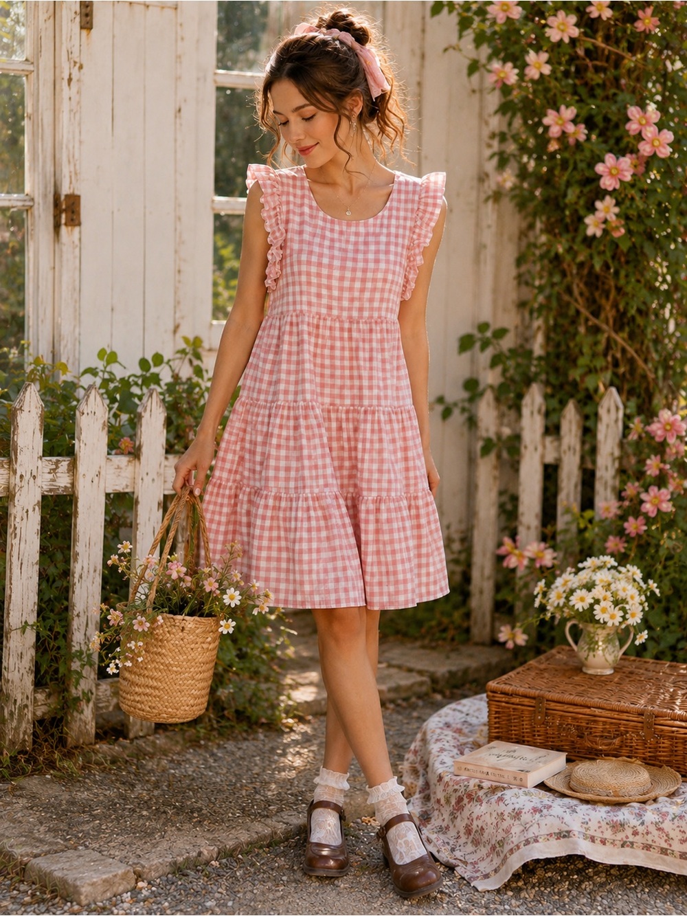 Altar’d State Pink Gingham Cottagecore Babydoll Dress Flutter Sleeve Coquette